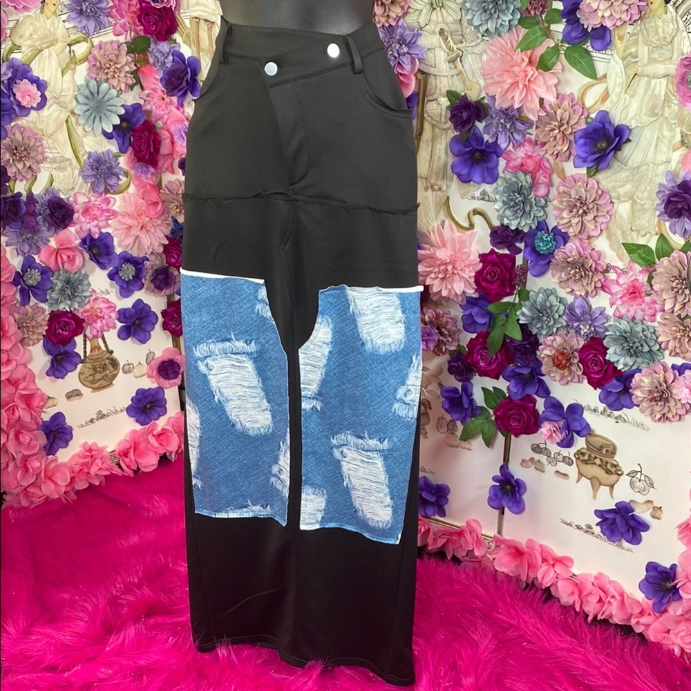 Black Patchwork Street Maxi Skirt with Denim Print Accents